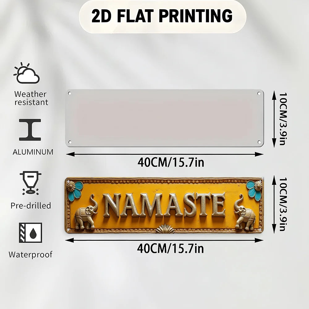 2D Flat, Large Indian/Nepali Style Namaste Wall Sign - Turmeric-Yellow Metal Plaque with White Lettering & Blue Accent Borders,