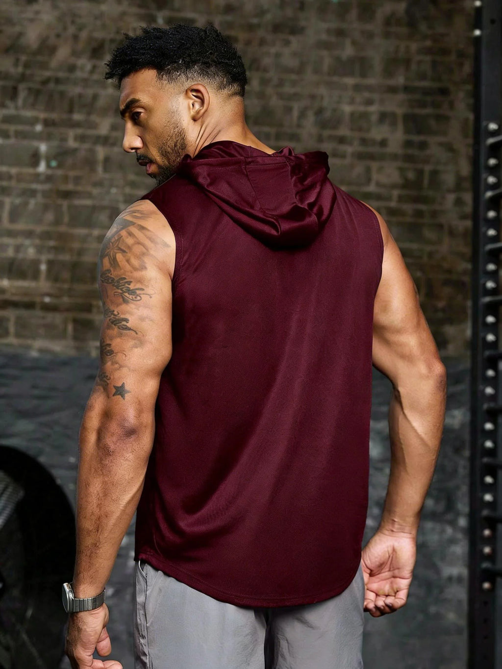 Men's Sleeveless Hooded Vest, Dumbbell Print Gym Tank, Breathable Spring Summer Workout Hoodie, Casual Fitness Sportswear