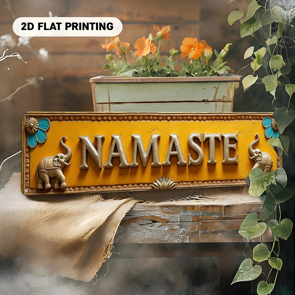 2D Flat, Large Indian/Nepali Style Namaste Wall Sign - Turmeric-Yellow Metal Plaque with White Lettering & Blue Accent Borders,