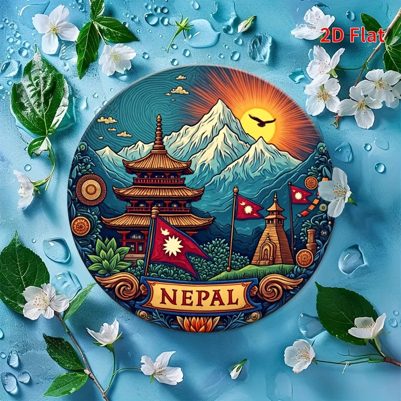 2D Flat, 1pc 20.32x20.32 cm Retro Nepali Cultural Metal Wall Art Sign - 2D Flat Durable Aluminum Pagoda & Mountain Landscape wit