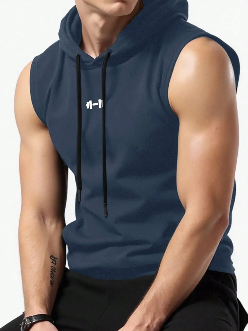 Men's Sleeveless Hooded Vest, Dumbbell Print Gym Tank, Breathable Spring Summer Workout Hoodie, Casual Fitness Sportswear