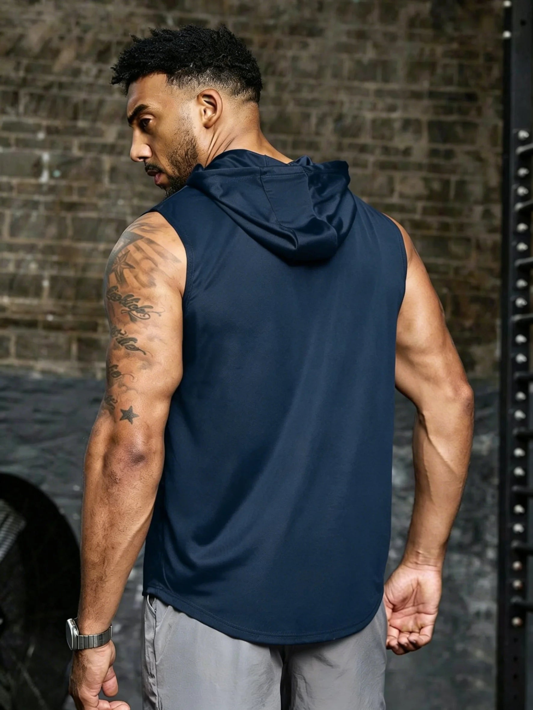 Men's Sleeveless Hooded Vest, Dumbbell Print Gym Tank, Breathable Spring Summer Workout Hoodie, Casual Fitness Sportswear