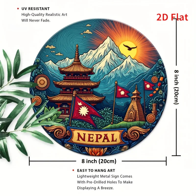 2D Flat, 1pc 20.32x20.32 cm Retro Nepali Cultural Metal Wall Art Sign - 2D Flat Durable Aluminum Pagoda & Mountain Landscape wit
