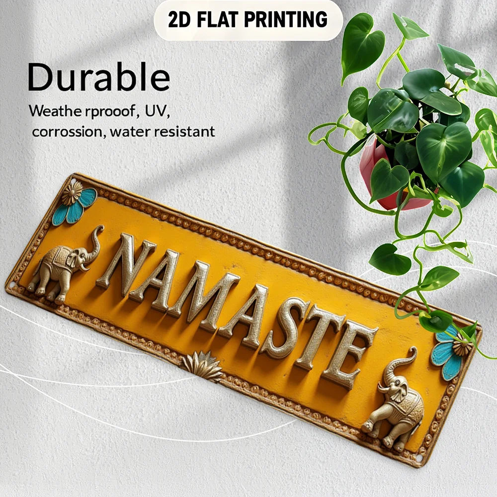 2D Flat, Large Indian/Nepali Style Namaste Wall Sign - Turmeric-Yellow Metal Plaque with White Lettering & Blue Accent Borders,