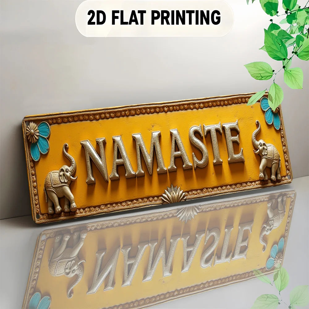2D Flat, Large Indian/Nepali Style Namaste Wall Sign - Turmeric-Yellow Metal Plaque with White Lettering & Blue Accent Borders,