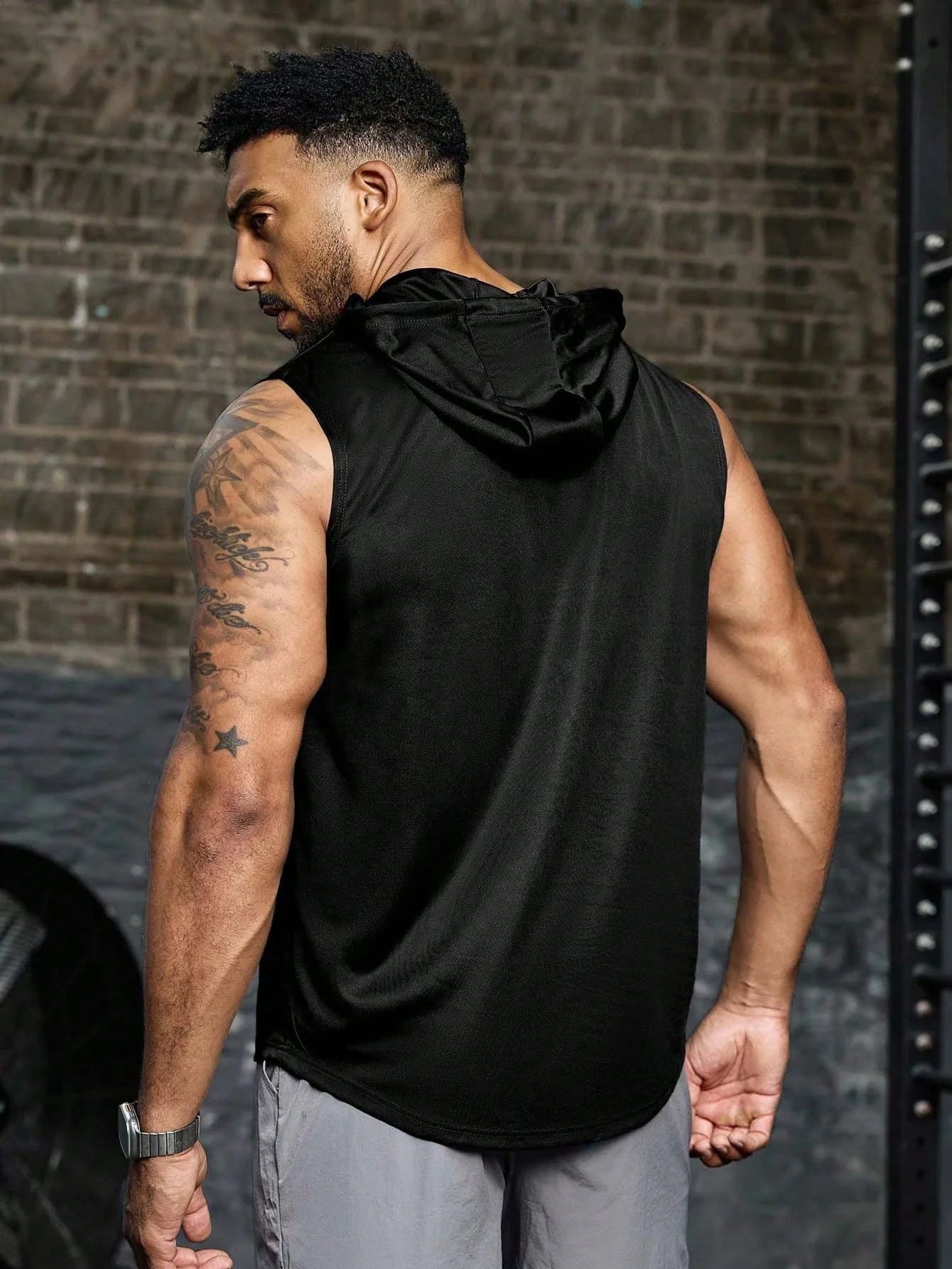 Men's Sleeveless Hooded Vest, Dumbbell Print Gym Tank, Breathable Spring Summer Workout Hoodie, Casual Fitness Sportswear