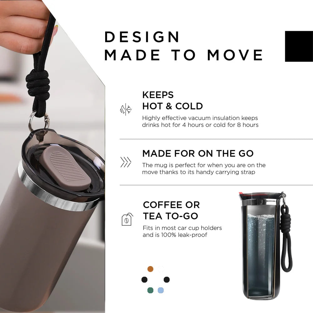 Thermal Water Bottle Insulated Travel Mug Double Wall Coffee Travle Mugs with Carrying Ring for Hot and Cold Drinks Leak_Proof
