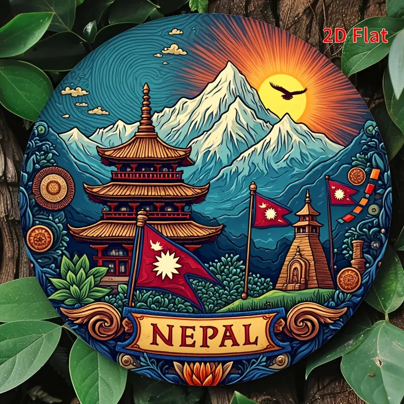 2D Flat, 1pc 20.32x20.32 cm Retro Nepali Cultural Metal Wall Art Sign - 2D Flat Durable Aluminum Pagoda & Mountain Landscape wit