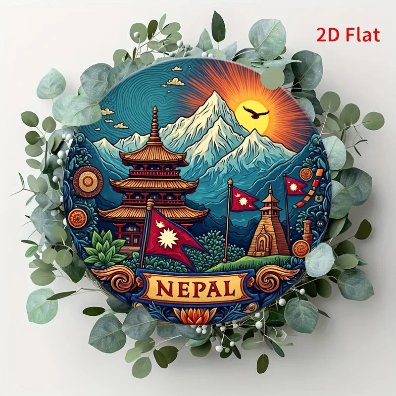 2D Flat, 1pc 20.32x20.32 cm Retro Nepali Cultural Metal Wall Art Sign - 2D Flat Durable Aluminum Pagoda & Mountain Landscape wit