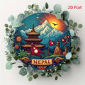 2D Flat, 1pc 20.32x20.32 cm Retro Nepali Cultural Metal Wall Art Sign - 2D Flat Durable Aluminum Pagoda & Mountain Landscape wit