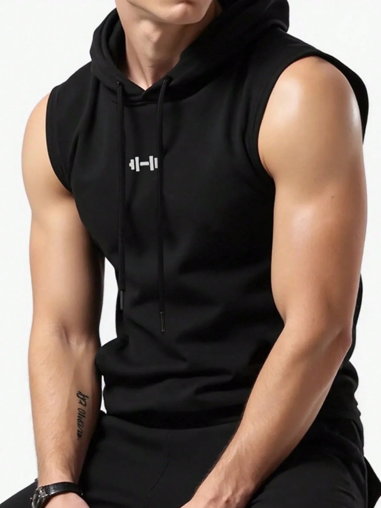 Men's Sleeveless Hooded Vest, Dumbbell Print Gym Tank, Breathable Spring Summer Workout Hoodie, Casual Fitness Sportswear
