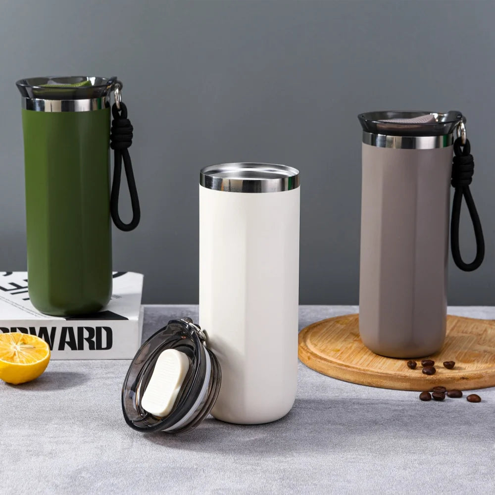 Thermal Water Bottle Insulated Travel Mug Double Wall Coffee Travle Mugs with Carrying Ring for Hot and Cold Drinks Leak_Proof