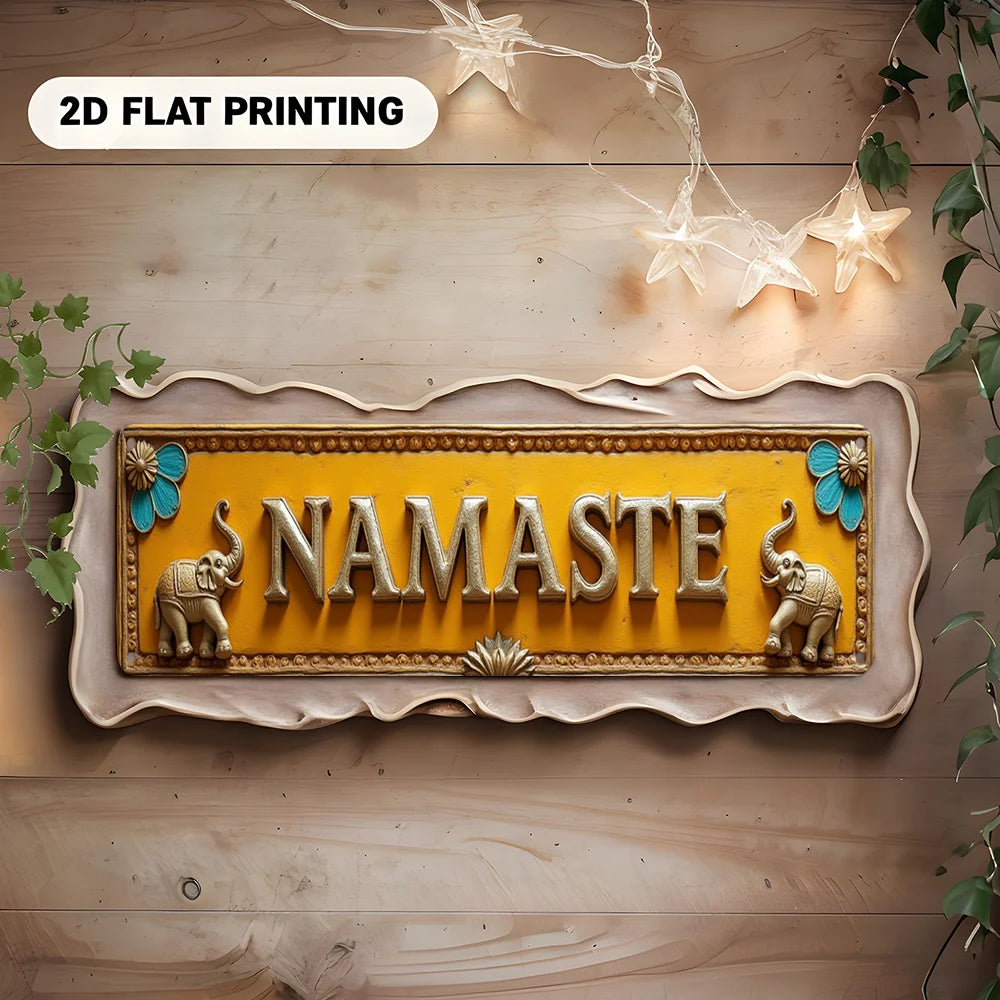 2D Flat, Large Indian/Nepali Style Namaste Wall Sign - Turmeric-Yellow Metal Plaque with White Lettering & Blue Accent Borders,