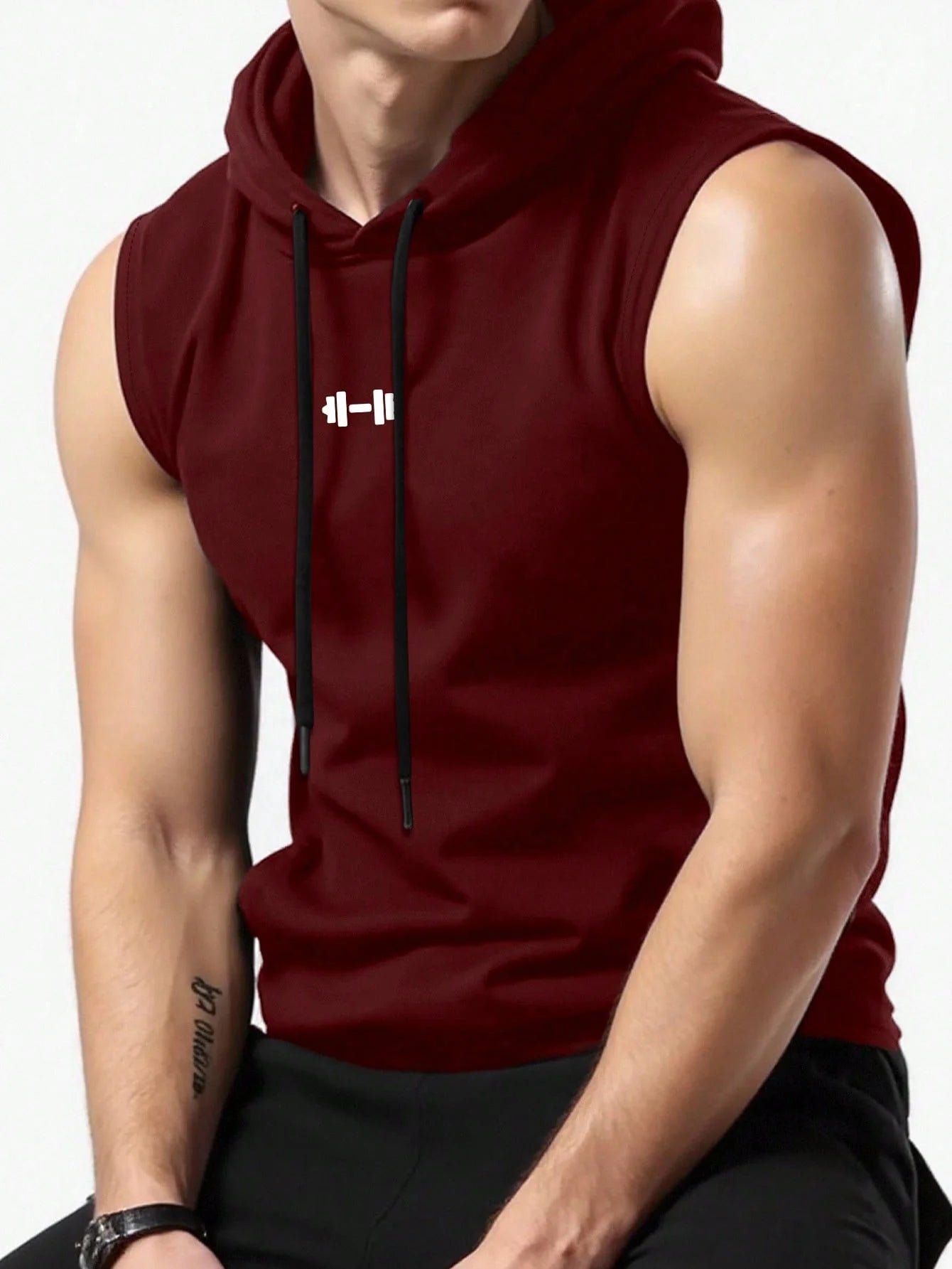 Men's Sleeveless Hooded Vest, Dumbbell Print Gym Tank, Breathable Spring Summer Workout Hoodie, Casual Fitness Sportswear